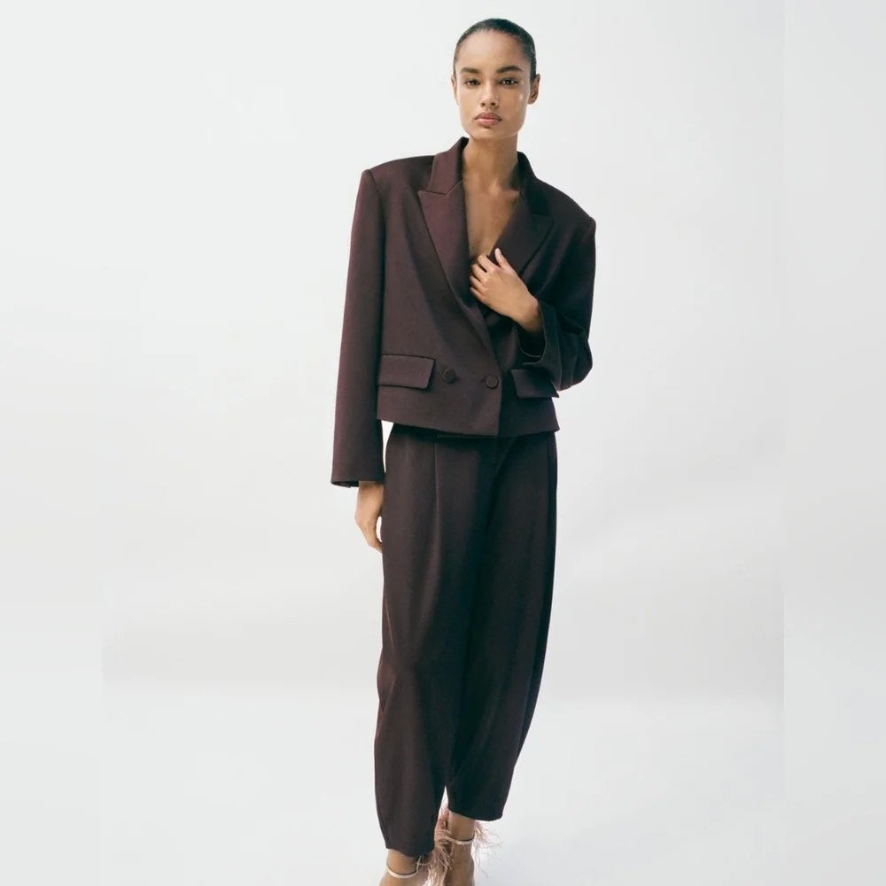 Zara Satin Double Breasted Cropped Blazer Jacket Brown Size XL